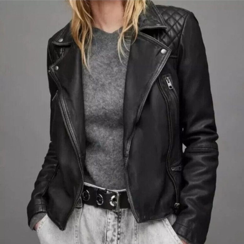 All Saints Catch Biker 100% Sheep Leather Moto Jacket in Black, SIZE 2 US 1579